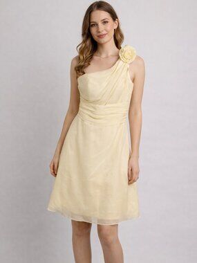 JJ’s House Yellow One-Shoulder Chiffon Dress Rosette Detail